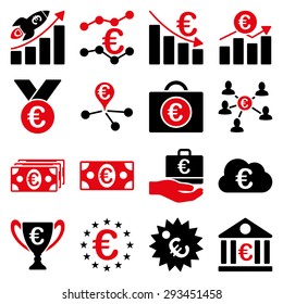 Euro banking business and service tools icons. These flat bicolor icons use intensive red and black colors. Images are isolated on a white background. Angles are rounded.