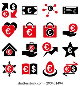 Euro banking business and service tools icons. These flat bicolor icons use intensive red and black colors. Images are isolated on a white background. Angles are rounded.