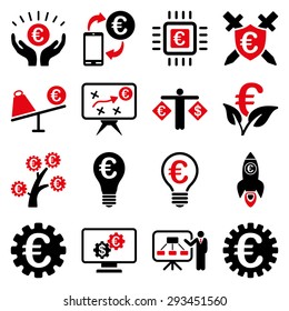 Euro banking business and service tools icons. These flat bicolor icons use intensive red and black colors. Images are isolated on a white background. Angles are rounded.