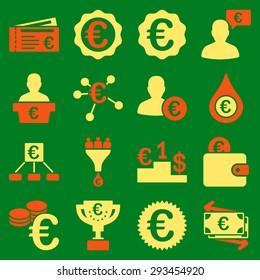 Euro banking business and service tools icons. These flat bicolor icons use orange and yellow colors. Images are isolated on a green background. Angles are rounded.