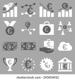 Euro banking business and service tools icons. These flat bicolor icons use dark gray and white colors. Images are isolated on a silver background. Angles are rounded.