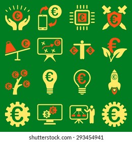Euro banking business and service tools icons. These flat bicolor icons use orange and yellow colors. Images are isolated on a green background. Angles are rounded.