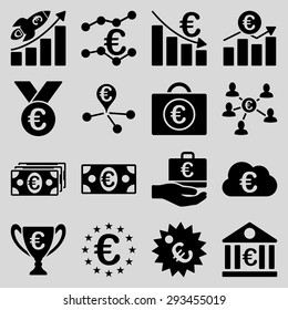 Euro banking business and service tools icons. These flat icons use black color. Images are isolated on a light gray background. Angles are rounded.