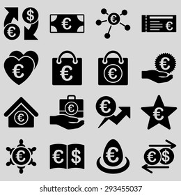 Euro banking business and service tools icons. These flat icons use black color. Images are isolated on a light gray background. Angles are rounded.