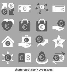 Euro banking business and service tools icons. These flat bicolor icons use dark gray and white colors. Images are isolated on a silver background. Angles are rounded.