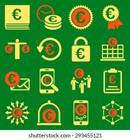 Euro banking business and service tools icons. These flat bicolor icons use orange and yellow colors. Images are isolated on a green background. Angles are rounded.