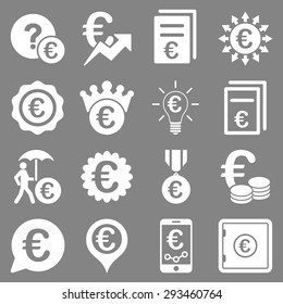 Euro banking business and service tools icons. These flat icons use white color. Images are isolated on a gray background. Angles are rounded.