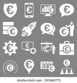 Euro banking business and service tools icons. These flat icons use white color. Images are isolated on a gray background. Angles are rounded.