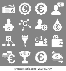Euro banking business and service tools icons. These flat icons use white color. Images are isolated on a gray background. Angles are rounded.