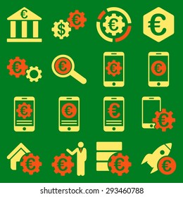 Euro banking business and service tools icons. These flat bicolor icons use orange and yellow colors. Images are isolated on a green background. Angles are rounded.