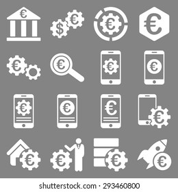 Euro banking business and service tools icons. These flat icons use white color. Images are isolated on a gray background. Angles are rounded.