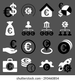 Euro banking business and service tools icons. These flat bicolor icons use black and white colors. Images are isolated on a gray background. Angles are rounded.