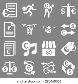 Euro banking business and service tools icons. These flat icons use white color. Images are isolated on a gray background. Angles are rounded.