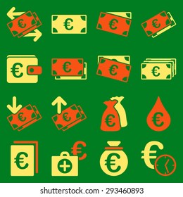 Euro banking business and service tools icons. These flat bicolor icons use orange and yellow colors. Images are isolated on a green background. Angles are rounded.