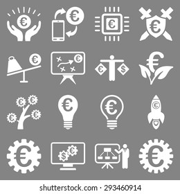 Euro banking business and service tools icons. These flat icons use white color. Images are isolated on a gray background. Angles are rounded.