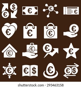 Euro banking business and service tools icons. These flat icons use white color. Images are isolated on a brown background. Angles are rounded.