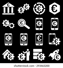 Euro banking business and service tools icons. These flat icons use white color. Images are isolated on a black background. Angles are rounded.