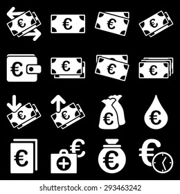 Euro banking business and service tools icons. These flat icons use white color. Images are isolated on a black background. Angles are rounded.