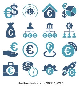 Euro banking business and service tools icons. These flat bicolor icons use cyan and blue. Images are isolated on a white background. Angles are rounded.