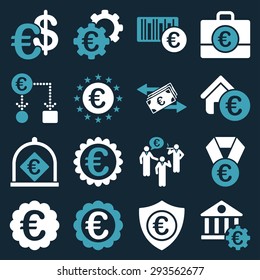 Euro banking business and service tools icons. These flat bicolor icons use blue and white. Images are isolated on a dark blue background. Angles are rounded.