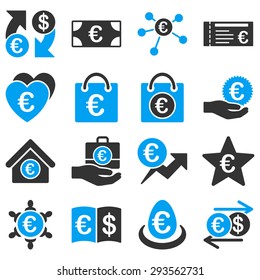 Euro banking business and service tools icons. These flat bicolor icons use blue and gray. Images are isolated on a white background. Angles are rounded.