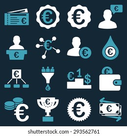Euro banking business and service tools icons. These flat bicolor icons use blue and white. Images are isolated on a dark blue background. Angles are rounded.