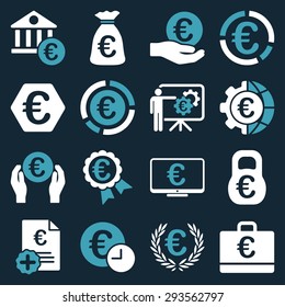 Euro banking business and service tools icons. These flat bicolor icons use blue and white. Images are isolated on a dark blue background. Angles are rounded.
