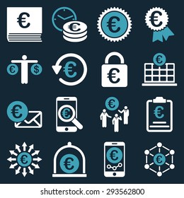Euro banking business and service tools icons. These flat bicolor icons use blue and white. Images are isolated on a dark blue background. Angles are rounded.