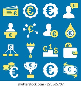 Euro banking business and service tools icons. These flat bicolor icons use yellow and white. Images are isolated on a blue background. Angles are rounded.