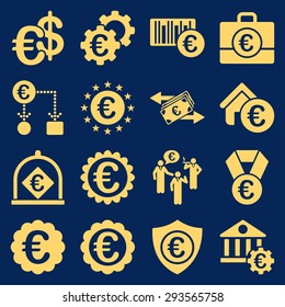 Euro banking business and service tools icons. These flat icons use yellow. Images are isolated on a blue background. Angles are rounded.