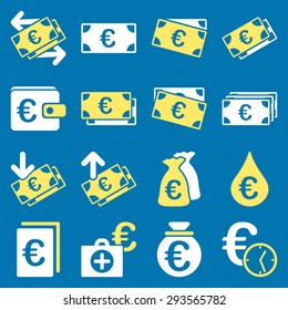 Euro banking business and service tools icons. These flat bicolor icons use yellow and white. Images are isolated on a blue background. Angles are rounded.