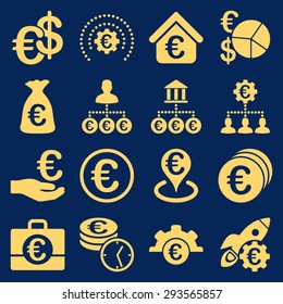 Euro banking business and service tools icons. These flat icons use yellow. Images are isolated on a blue background. Angles are rounded.