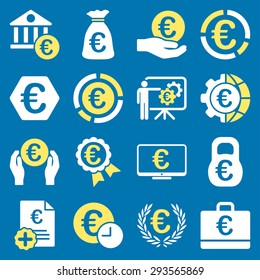 Euro banking business and service tools icons. These flat bicolor icons use yellow and white. Images are isolated on a blue background. Angles are rounded.