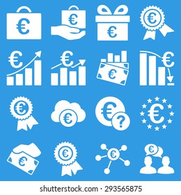 Euro banking business and service tools icons. These flat icons use white. Images are isolated on a blue background. Angles are rounded.