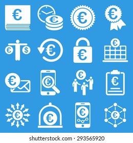 Euro banking business and service tools icons. These flat icons use white. Images are isolated on a blue background. Angles are rounded.