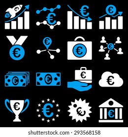 Euro banking business and service tools icons. These flat bicolor icons use blue and white. Images are isolated on a black background. Angles are rounded.