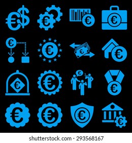 Euro banking business and service tools icons. These flat icons use blue. Images are isolated on a black background. Angles are rounded.