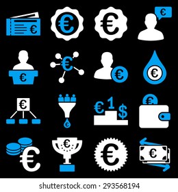 Euro banking business and service tools icons. These flat bicolor icons use blue and white. Images are isolated on a black background. Angles are rounded.