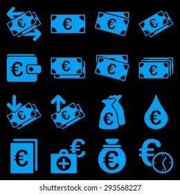 Euro banking business and service tools icons. These flat icons use blue. Images are isolated on a black background. Angles are rounded.