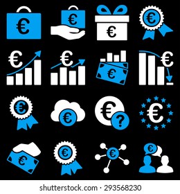 Euro banking business and service tools icons. These flat bicolor icons use blue and white. Images are isolated on a black background. Angles are rounded.