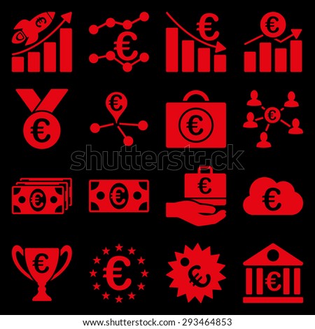 Euro banking business and service tools icons. These flat icons use red color. Images are isolated on a black background. Angles are rounded.