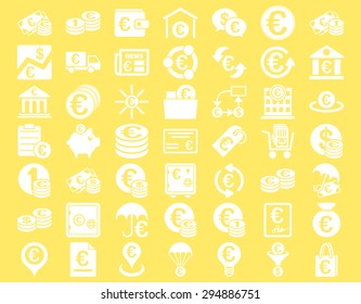 Euro Banking Icons. These flat icons use white color. Vector images are isolated on a yellow background. 