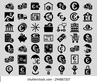 Euro Banking Icons. These flat icons use black color. Vector images are isolated on a light gray background. 