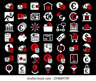 Euro Banking Icons. These flat bicolor icons use red and white colors. Vector images are isolated on a black background. 