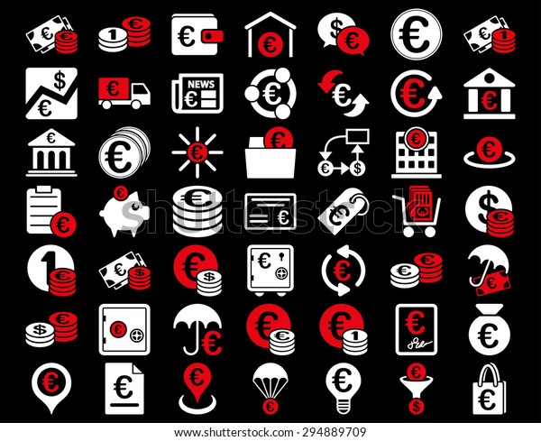 Euro\
Banking Icons. These flat bicolor icons use red and white colors.\
Vector images are isolated on a black background.\
