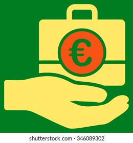 Euro Banking Service vector icon. Style is bicolor flat symbol, orange and yellow colors, rounded angles, green background.