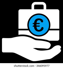 Euro Banking Service vector icon. Style is bicolor flat symbol, blue and white colors, rounded angles, black background.