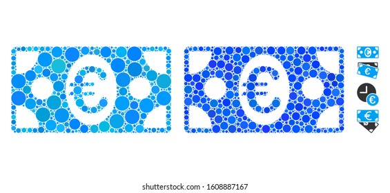 Euro banknote composition of filled circles in different sizes and color tinges, based on Euro banknote icon. Vector filled circles are united into blue collage.