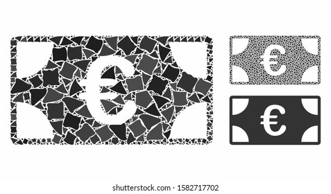 Euro banknote composition of rugged elements in various sizes and color hues, based on Euro banknote icon. Vector bumpy elements are composed into composition.