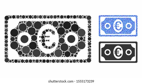 Euro banknote composition of small circles in different sizes and color tints, based on Euro banknote icon. Vector filled circles are composed into blue composition.